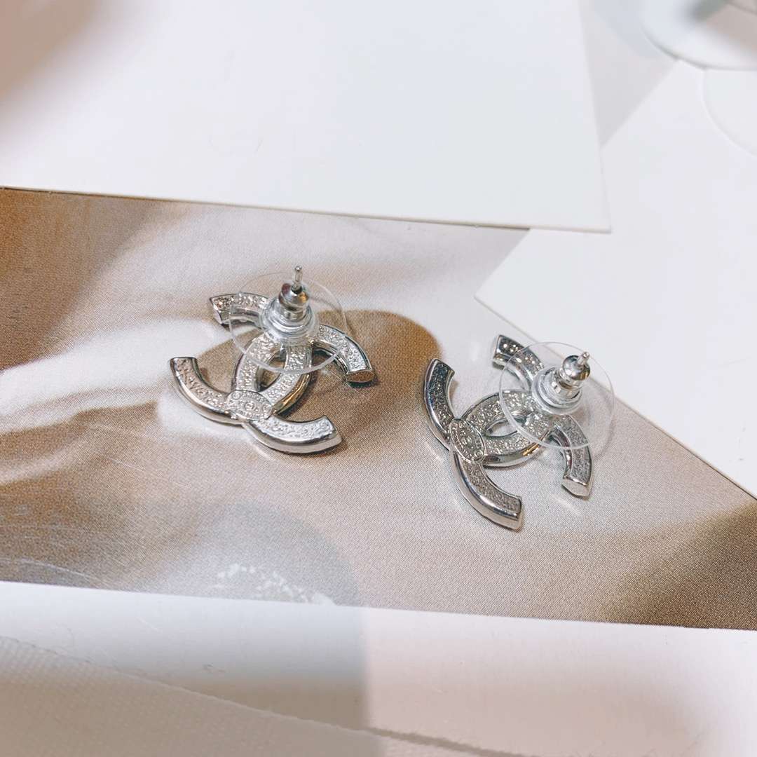 Ch**el Rhinestone Double C Earrings Silver For Women