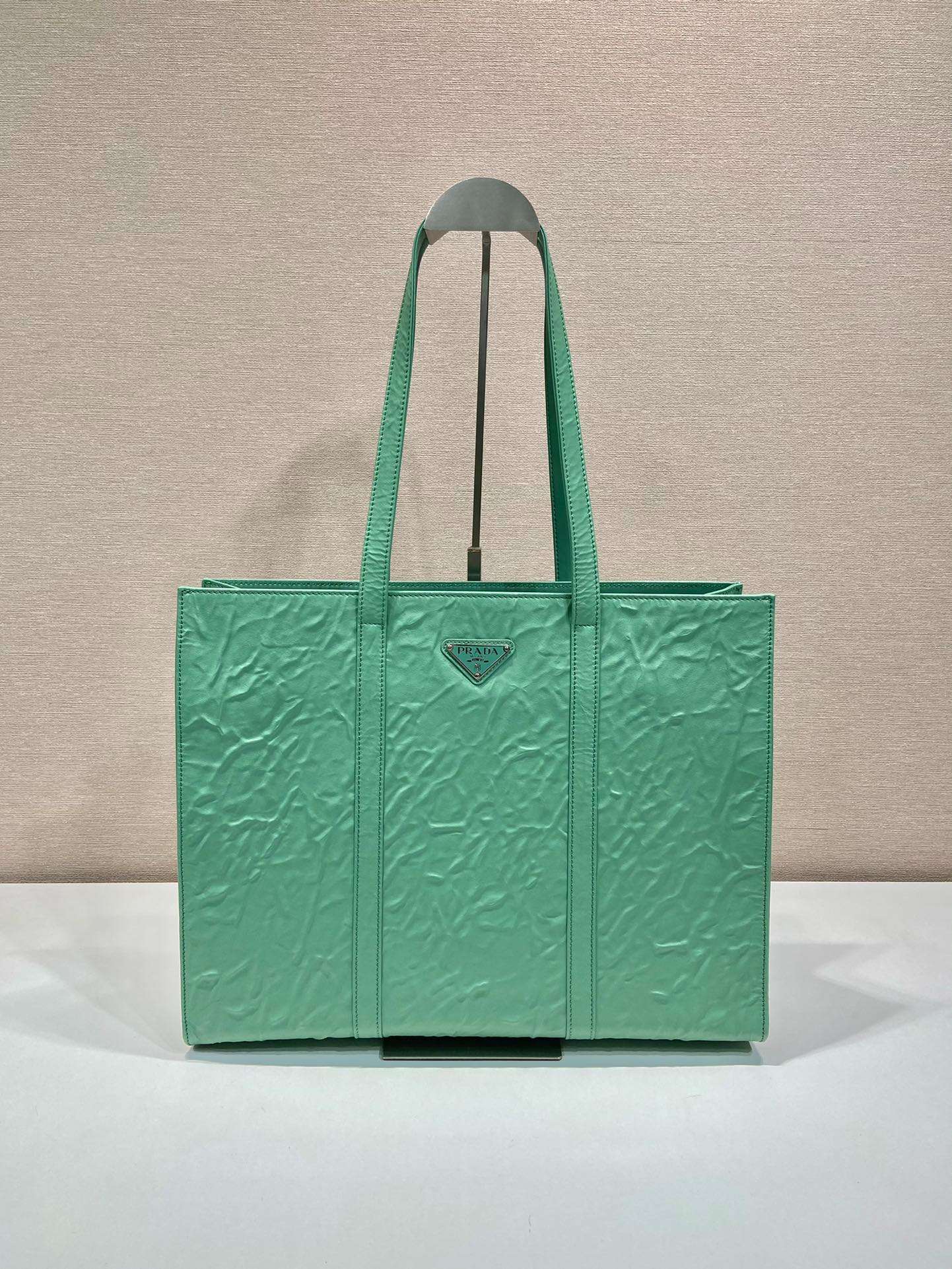 Pra*a Large Antique Nappa Tote Grey/Green For Women 15.3in/39cm 1BG460_UVL_F0480_V_OOO