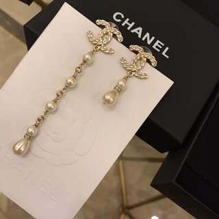 Ch**el CC Crystal Pearl Drop Earrings Gold For Women