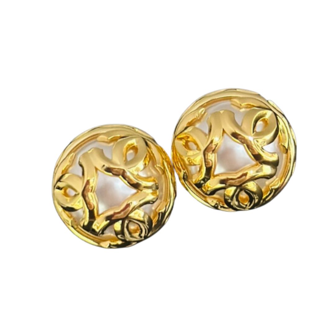 Ch**el Double C-Shaped Round Pearl Earrings Gold For Women