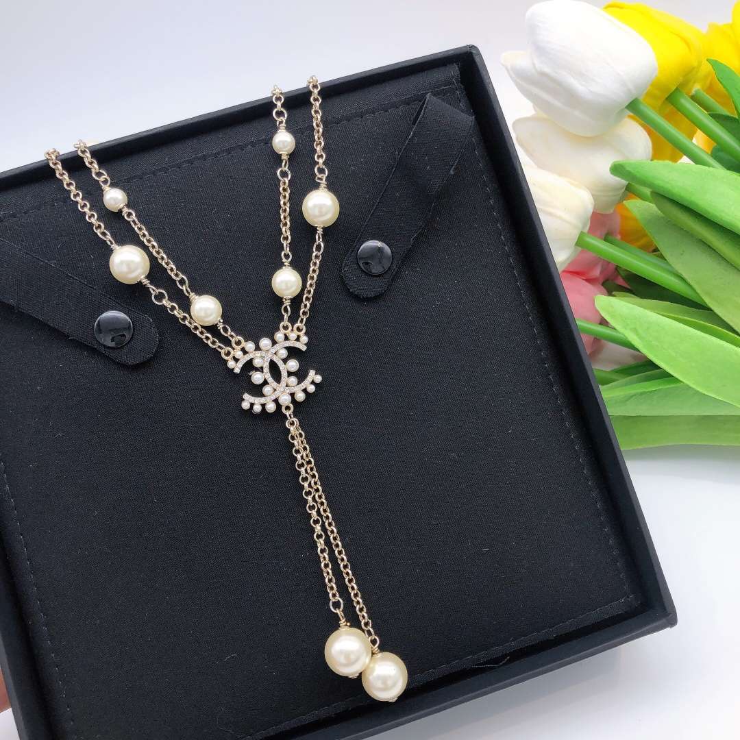 Ch**el Pearl Double C Rice Beads Large And Small Necklace Gold For Women