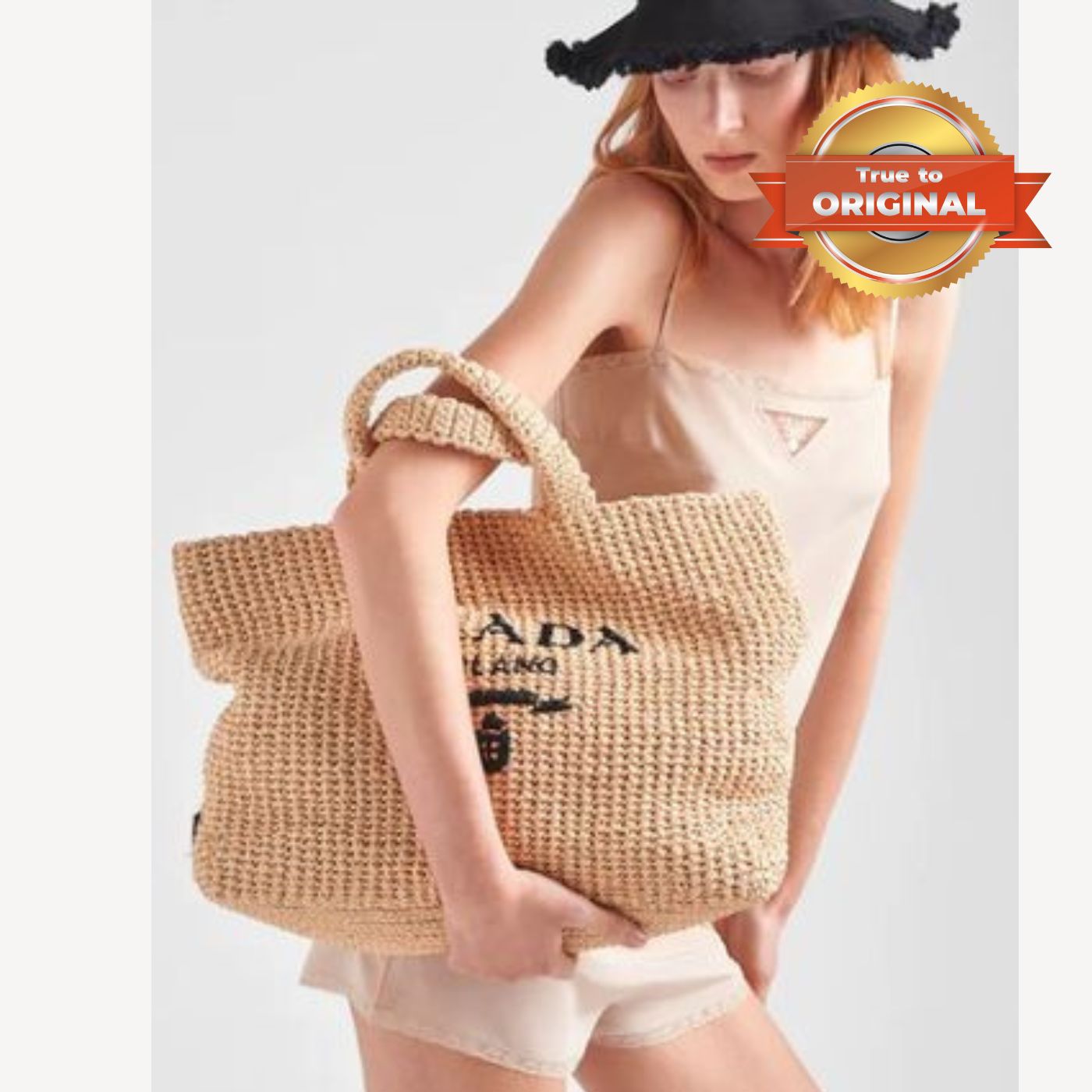 [True-to-ORIGINAL] Pra*a Crochet Tote Bag Beige For Women‎ 15.7in/40cm 1BG392_2A2T_F0018_V_OOL