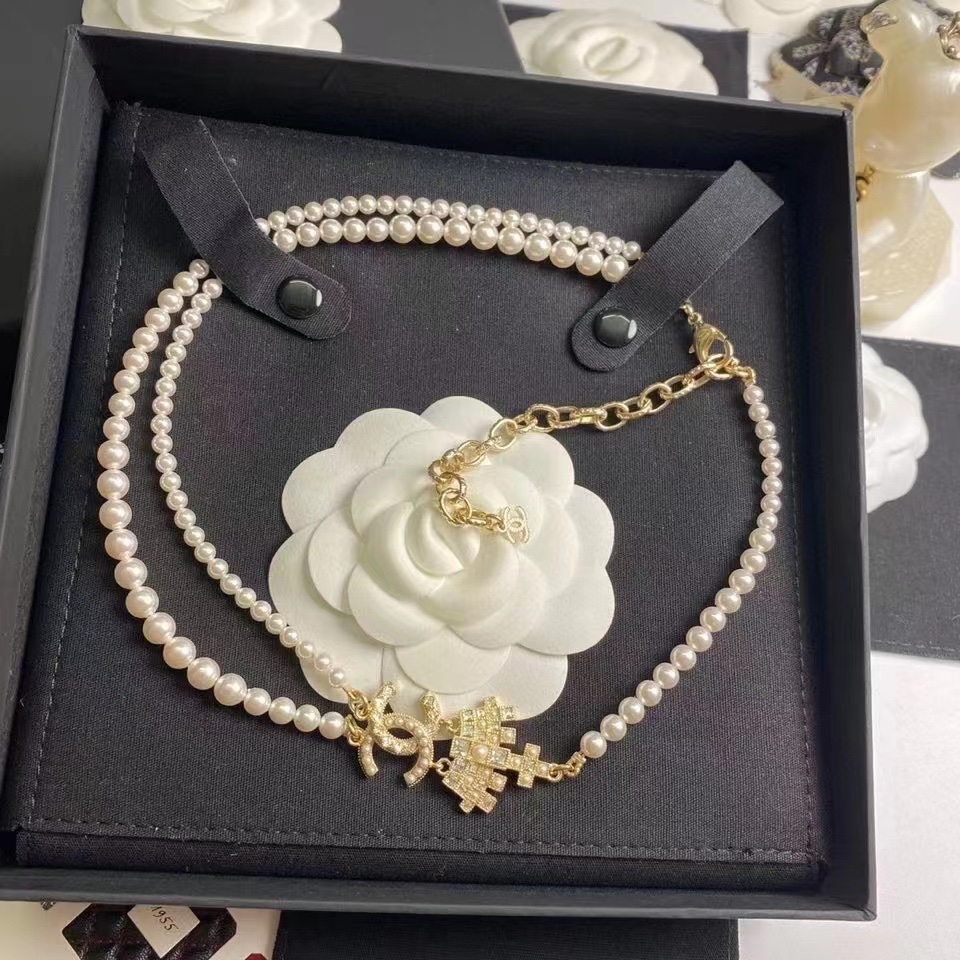 Ch**el Double Pearl Crown Necklace White For Women