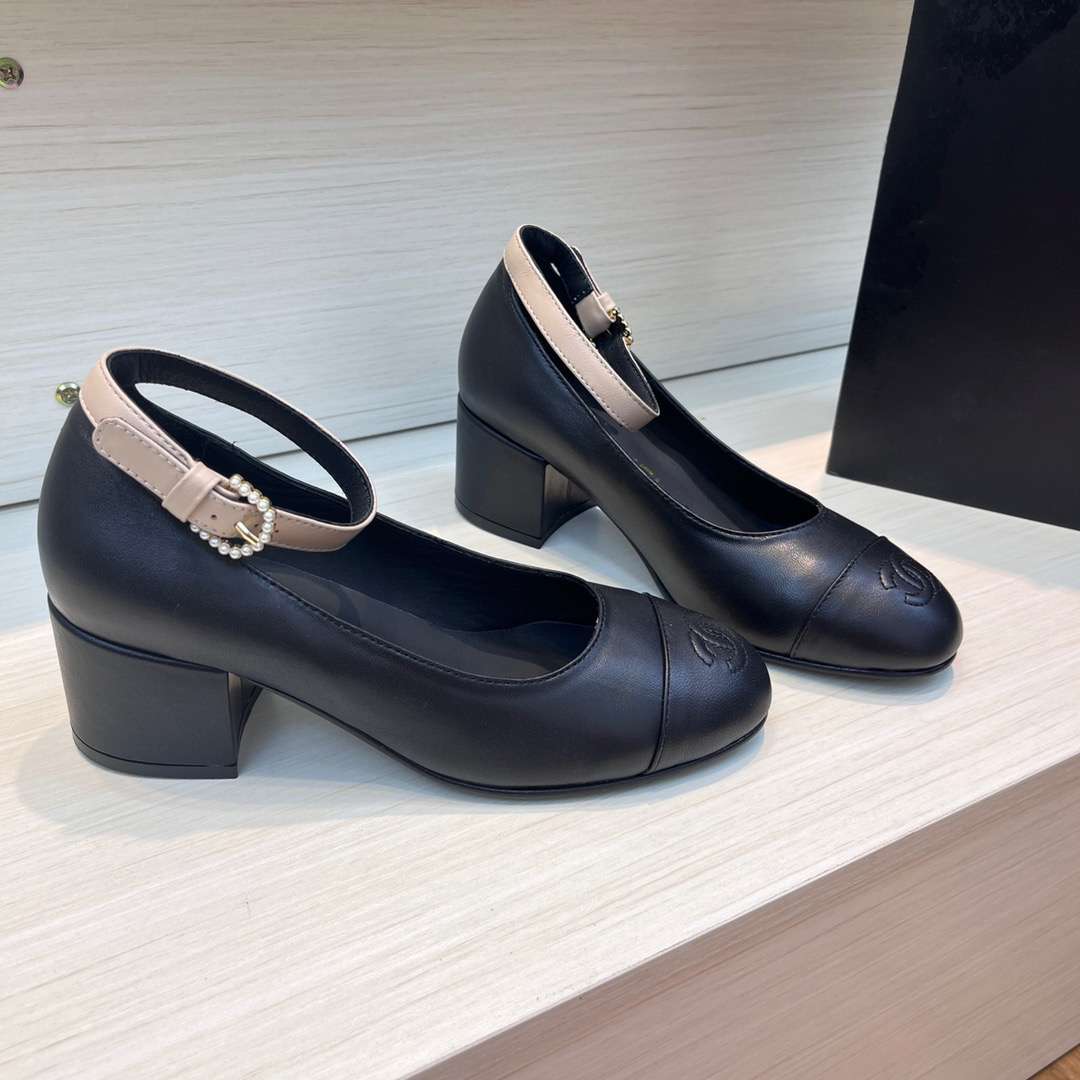 Ch**el Round Buckle Strap Pearl Mary Jane Black For Women