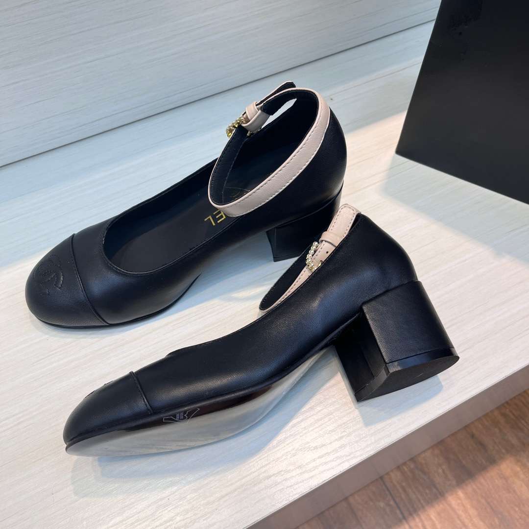 Ch**el Round Buckle Strap Pearl Mary Jane Black For Women