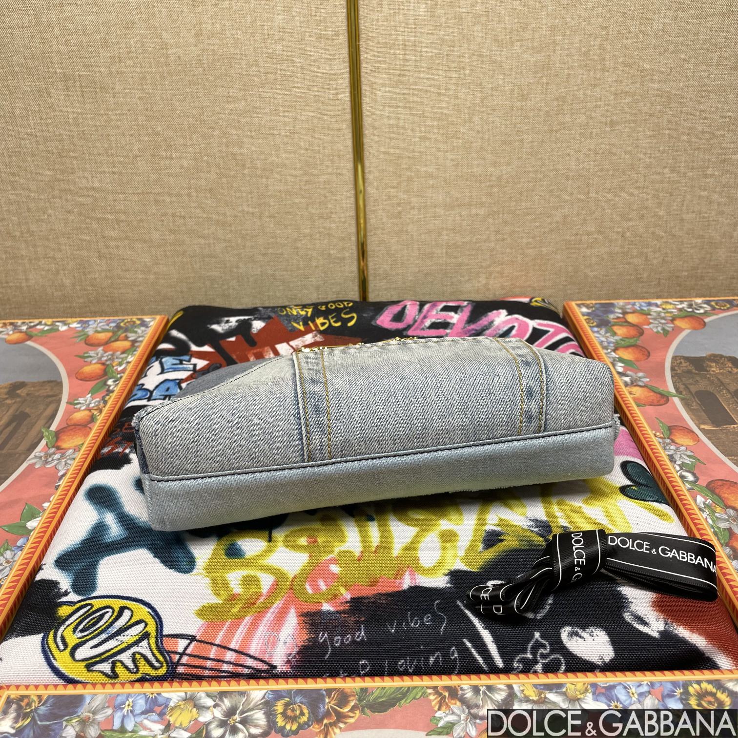 Dolce & Gabbana Patchwork Denim Make-Up Bag With Baroque Logo Grey For Women 9.4in/24cm