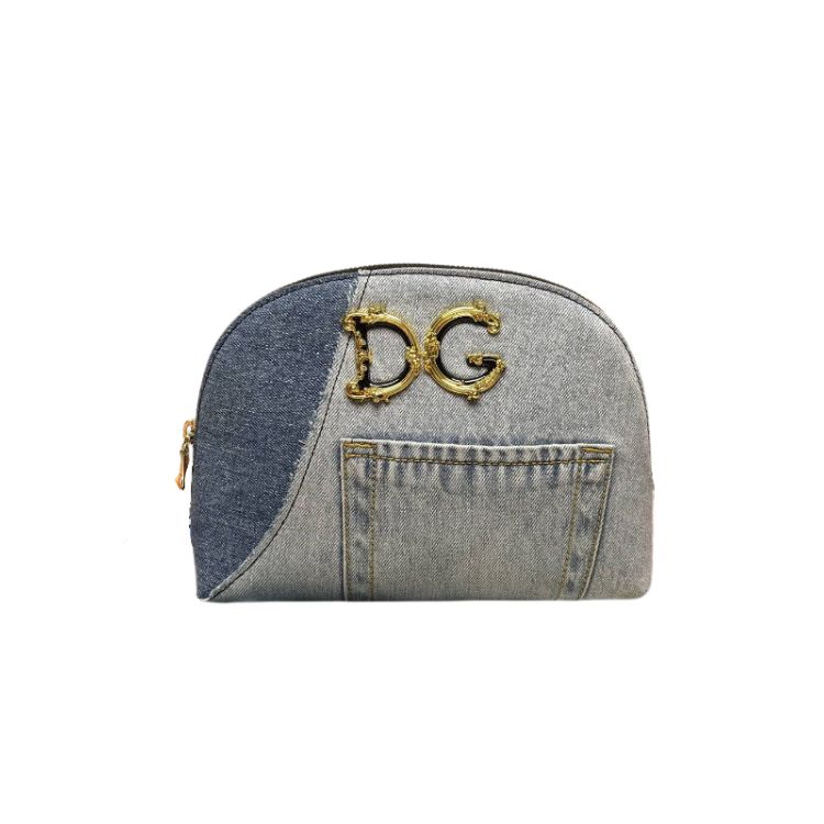 Dolce & Gabbana Patchwork Denim Make-Up Bag With Baroque Logo Grey For Women 9.4in/24cm