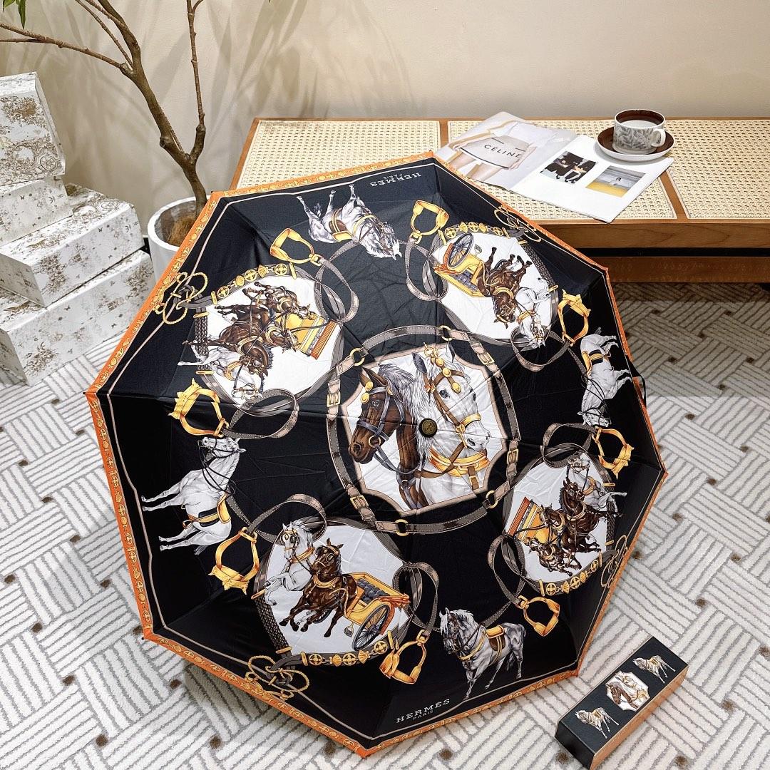 H**me5 Long Umbrella With Horse Motif Black