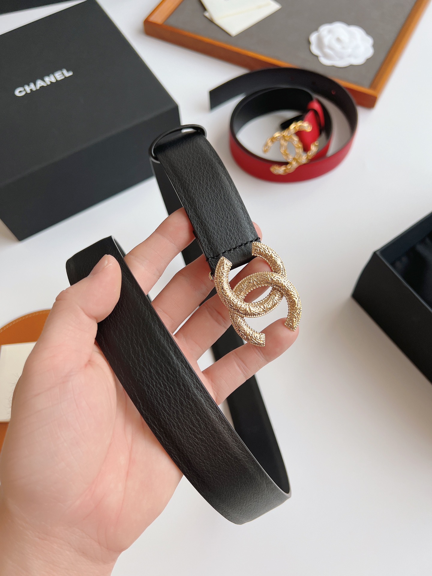 Ch**el Attach Stone Metal CC Belt Black For Women