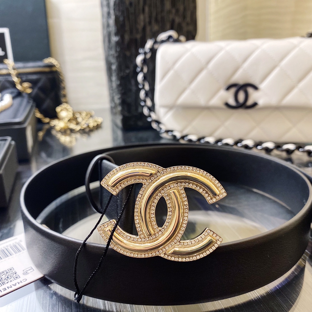 Ch**el Mini Stone Interlocking C Buckle Belt Black For Women