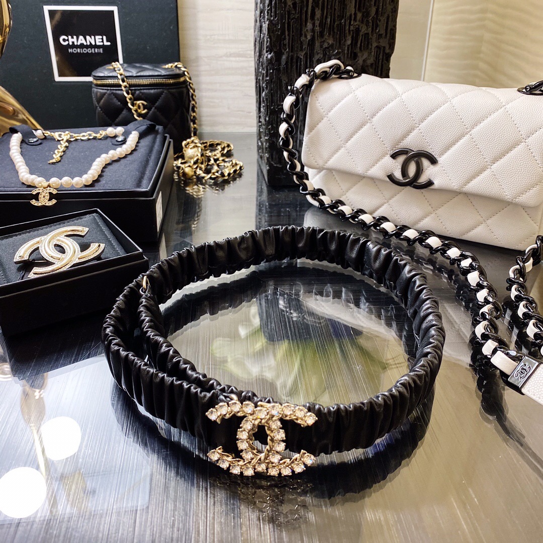 Ch**el Twinkle Stone Interlocking C Buckle Belt Black For Women