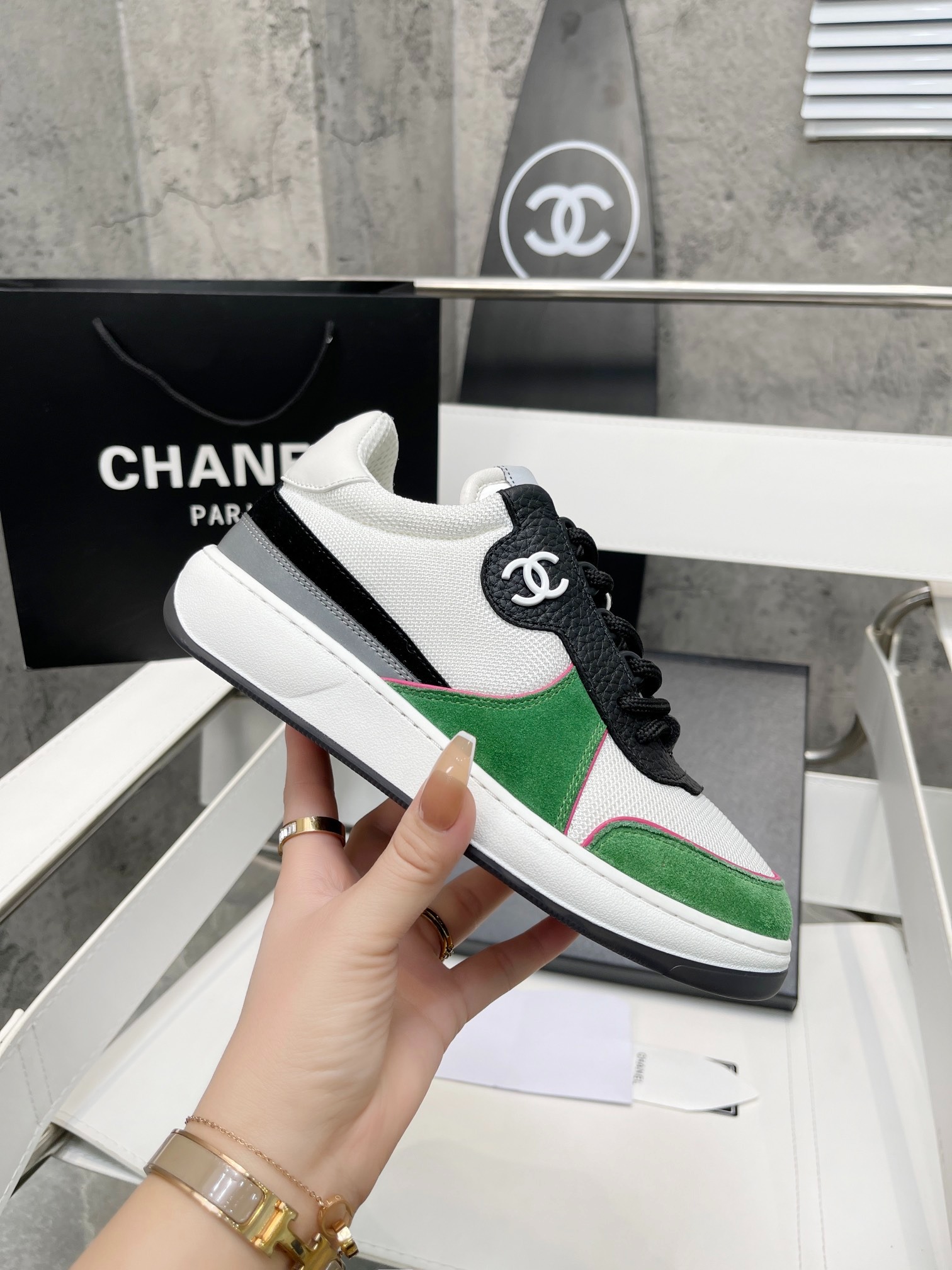 Ch**el Sneakers White/Green For Women, Women’s Shoes