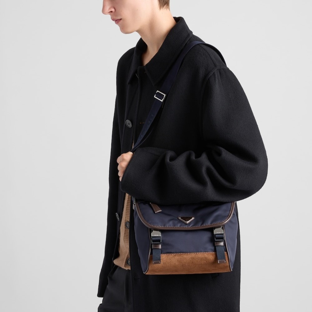 Pra*a Small Re-Nylon And Leather Shoulder Bag Blue For Men 8.9in/22.5cm 2VD066_384_F0C1B_V_OOF