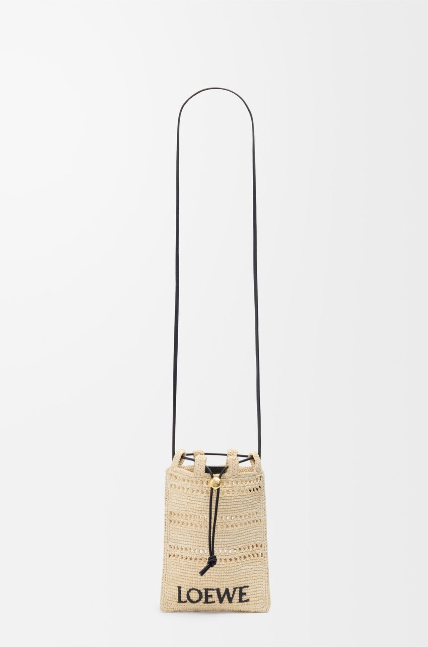 L0ew* Drawstring Pocket In Raffia Natural/Black For Women 21cm/8.3in – C756PHPX01