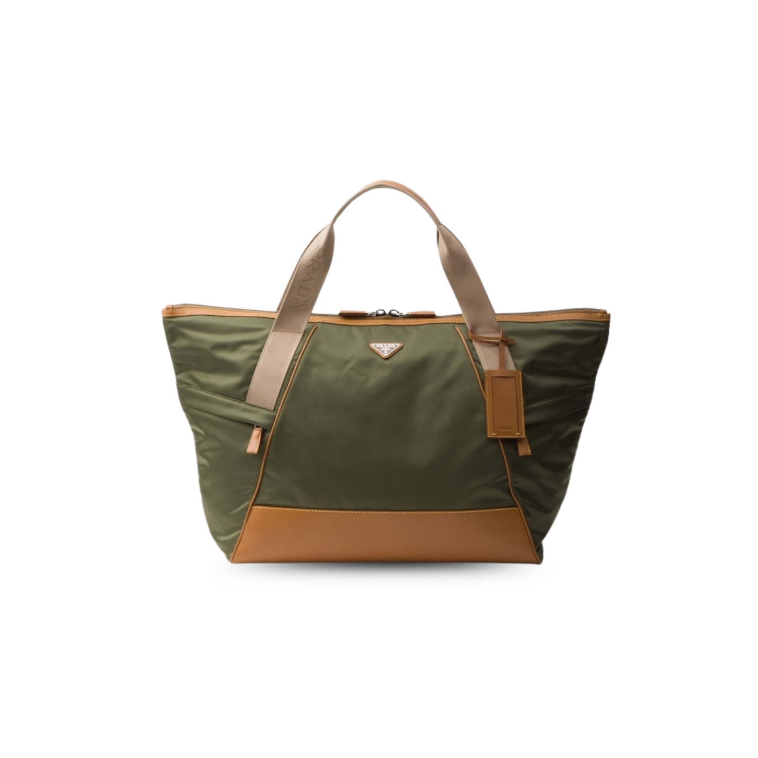Pra*a Re-Nylon And Leather Duffle Bag Military/Caramel 17.5in/44.5cm 2VC040_2CX2_F03UQ_V_KOO