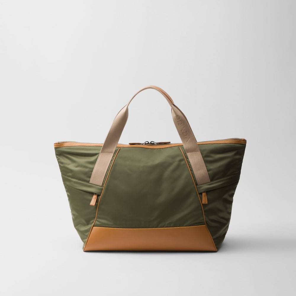 Pra*a Re-Nylon And Leather Duffle Bag Military/Caramel 17.5in/44.5cm 2VC040_2CX2_F03UQ_V_KOO