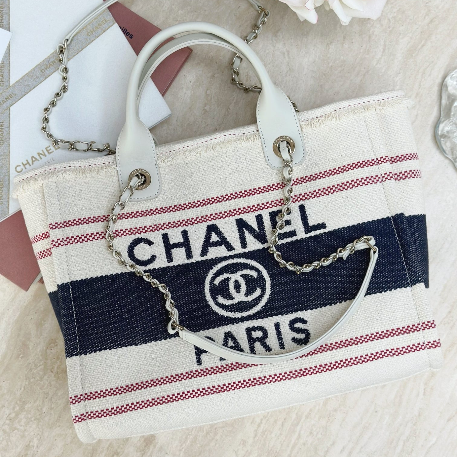 Ch**el Large Deauville Tote Bag Beige For Women 35cm/14in