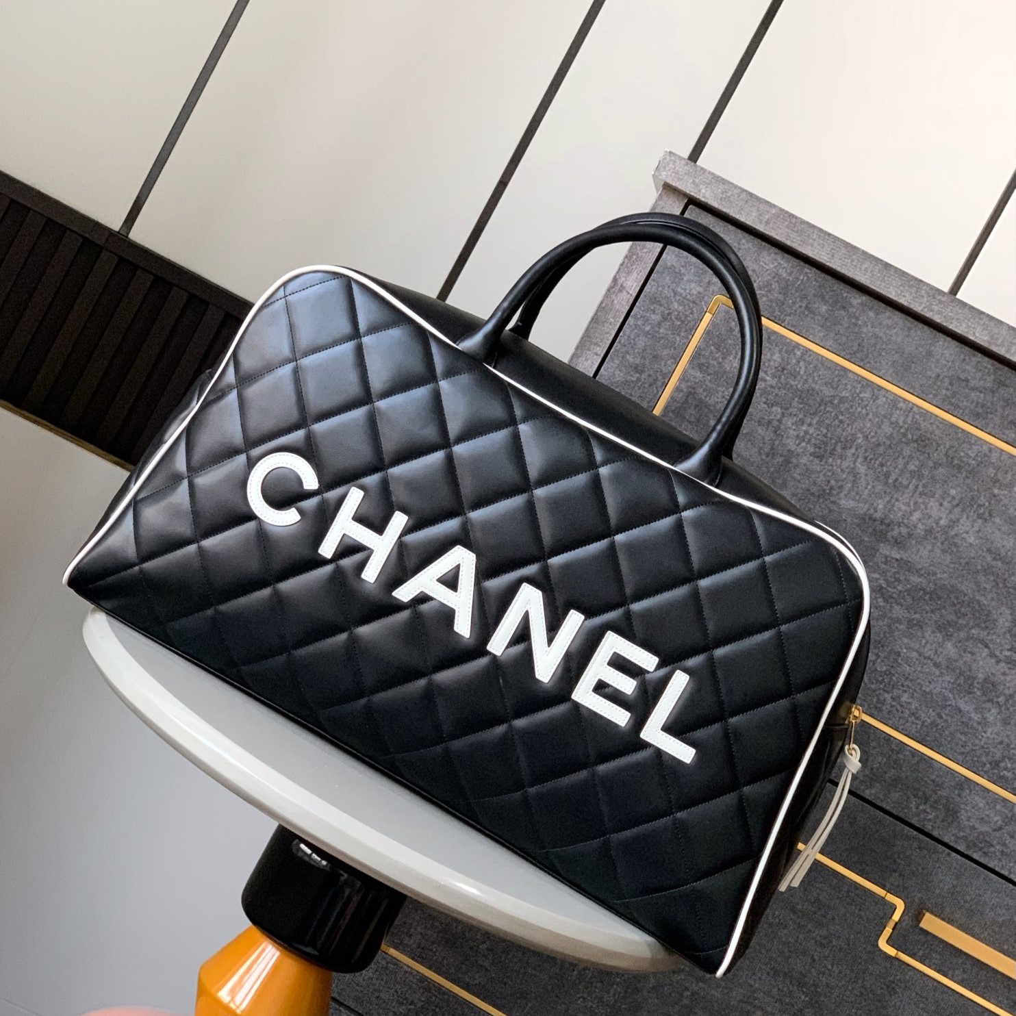 Ch**el Quilted Vintage Sports Line Boston Bag Black For Women 19in/48cm