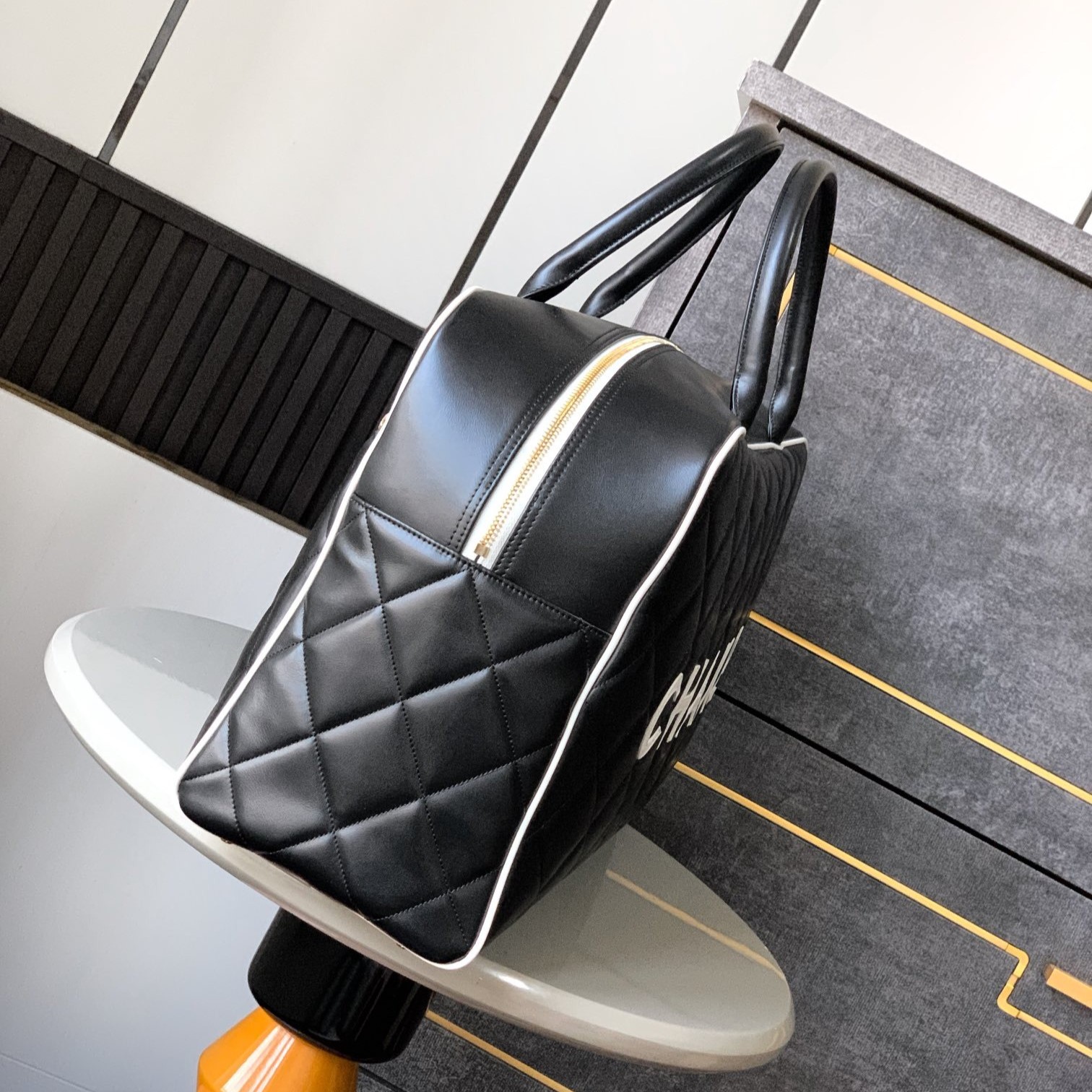 Ch**el Quilted Vintage Sports Line Boston Bag Black For Women 19in/48cm