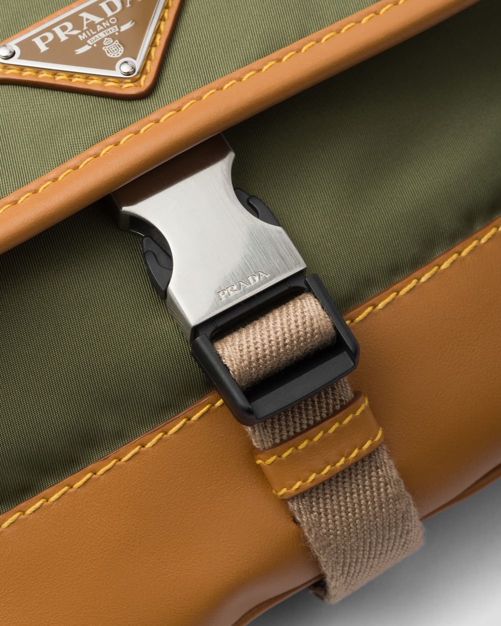 Pra*a Re-Nylon And Leather Shoulder Bag Military/Caramel For Men 7.1in/18cm 2VH176_2CX2_F03UQ_V_OOO