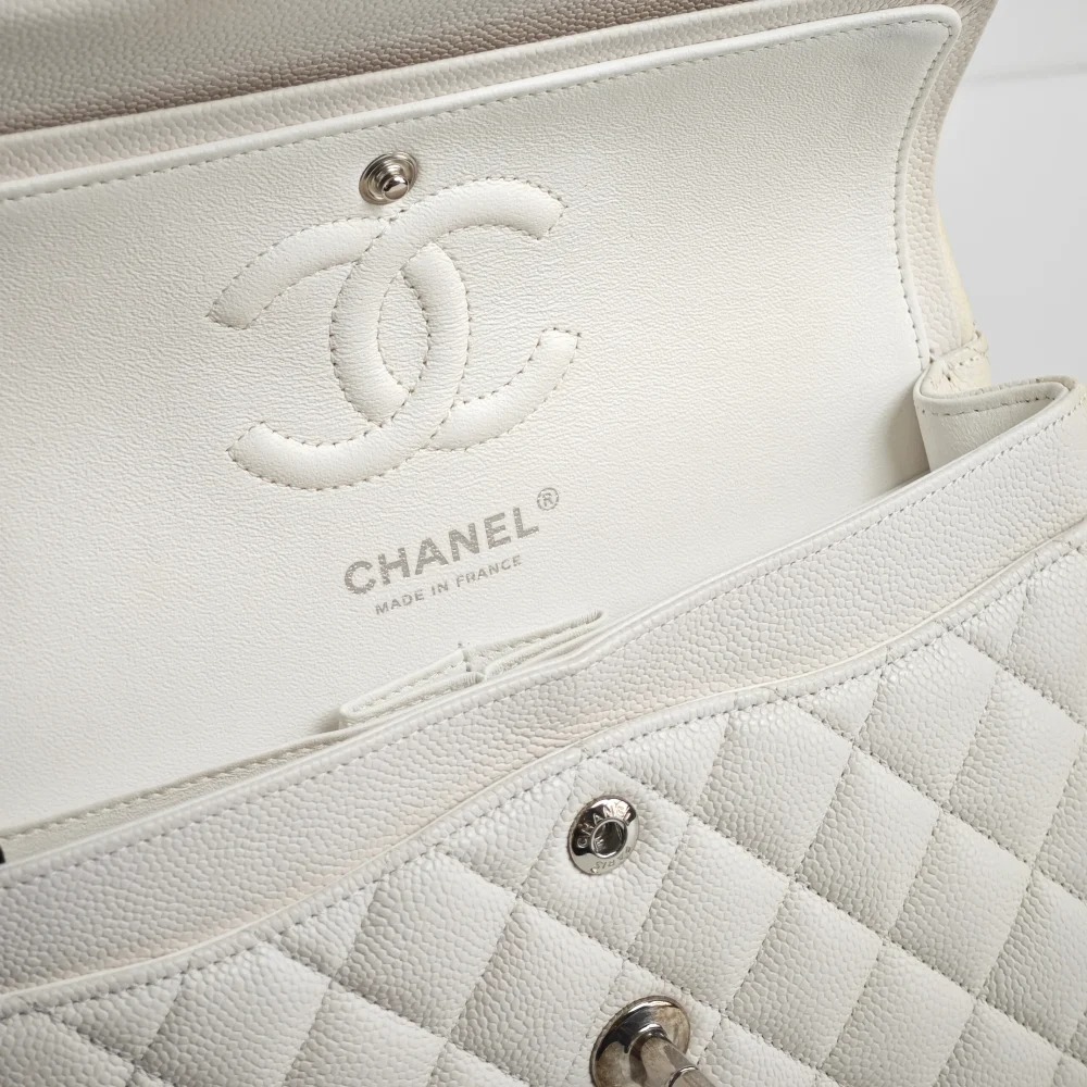 [True-to-ORIGINAL] Ch**el Small Classic Double Flap White Silver-Toned For Women 9in/23cm