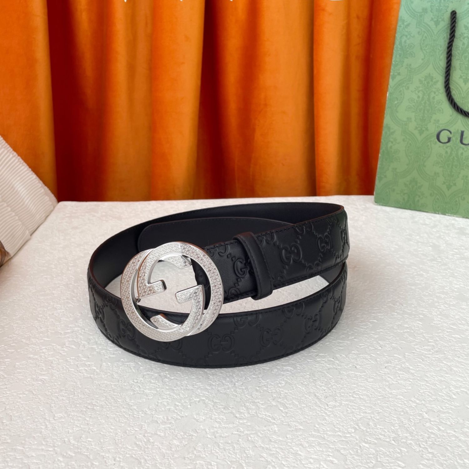 Gvc*1 Iconic GG Buckle Belt Embossed Black With Silver Bling Buckle 40mm