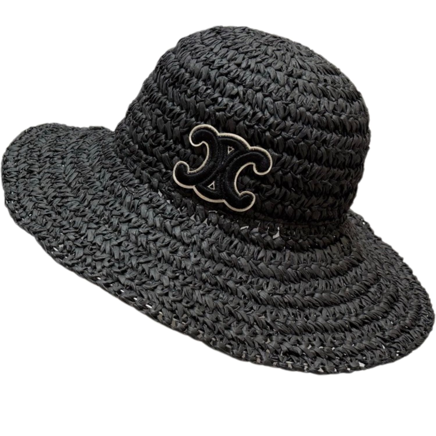 Ce1i*e Wide Brim Straw Hat Raffia Black For Women 57cm/22.4in