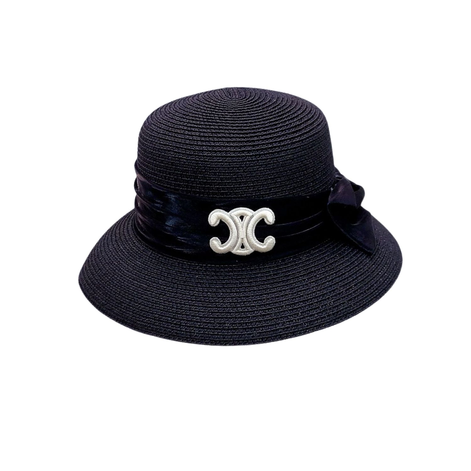 Ce1i*e Straw Hat With Satin Ribbon Bow Black For Women 58cm/22.8in