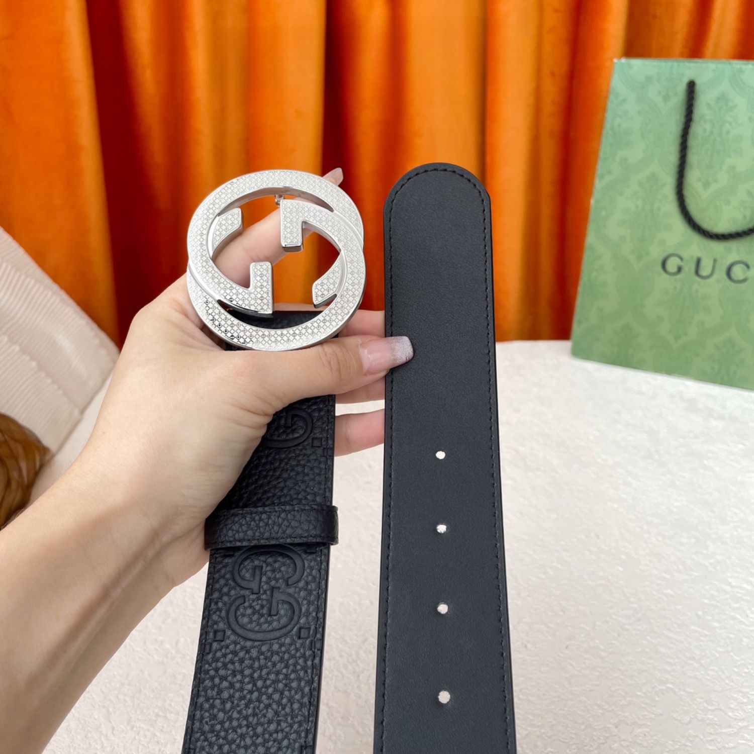 Gvc*1 GG Pebbled Monogram Belt Black With Silver Crystal Buckle 40mm