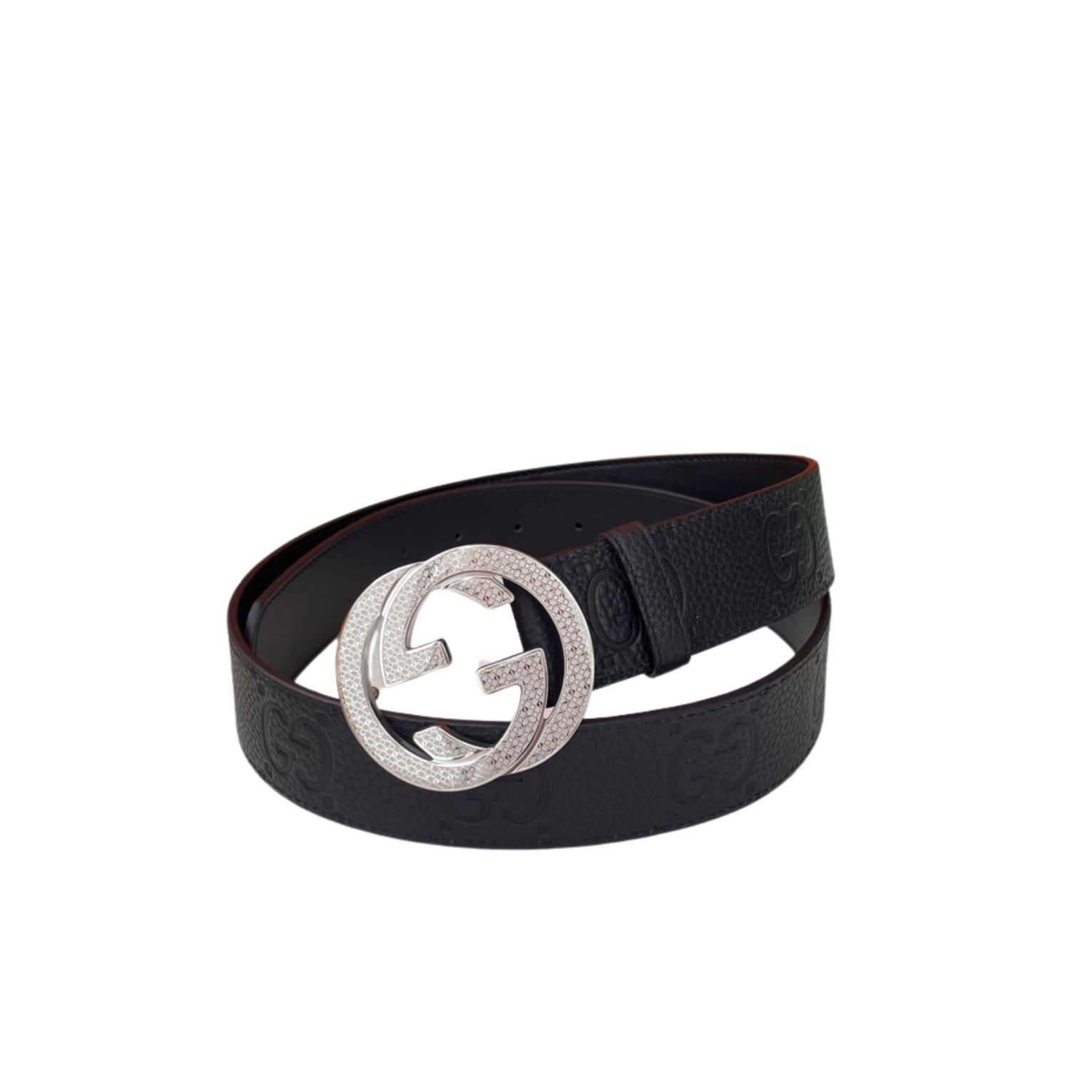 Gvc*1 GG Pebbled Monogram Belt Black With Silver Crystal Buckle 40mm