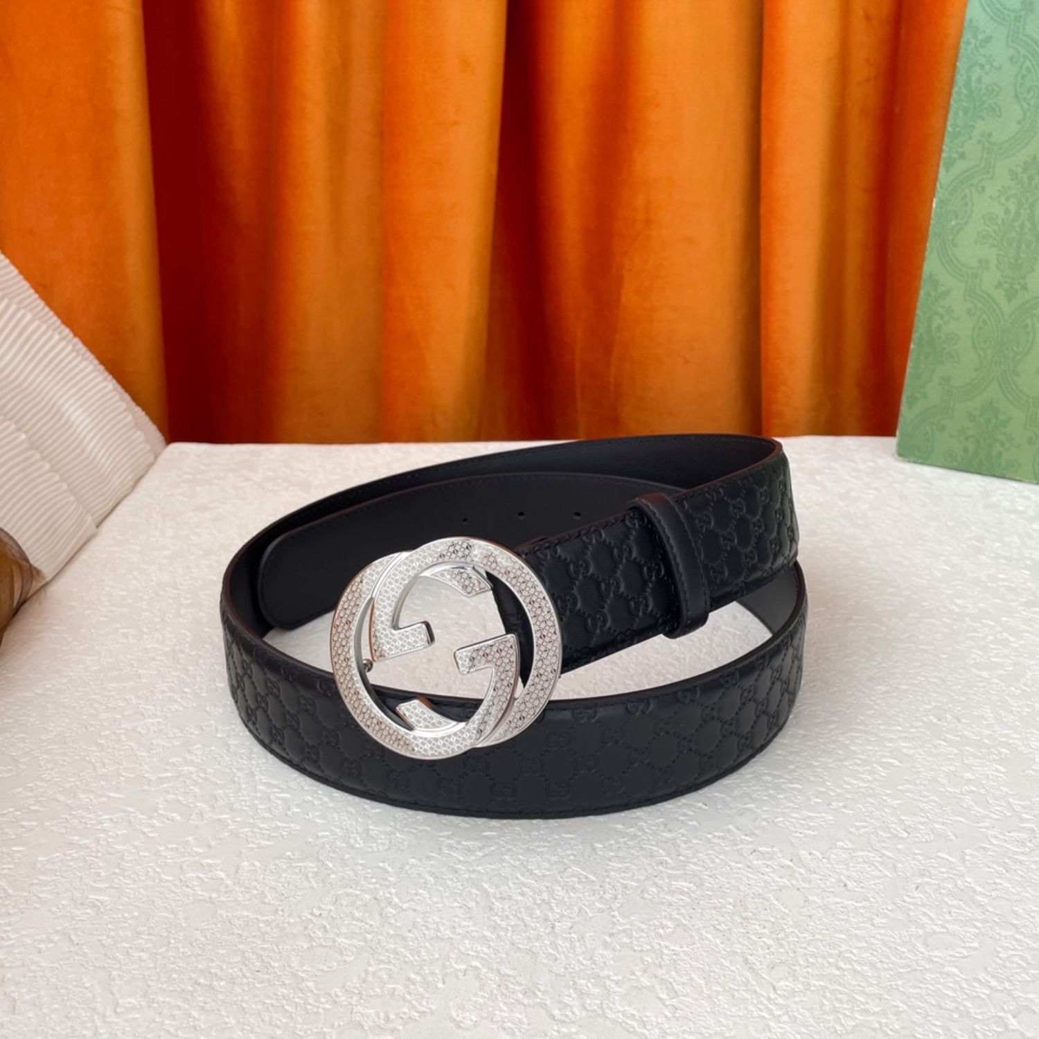 Gvc*1 Monogram Belt Black With Silver Crystal Buckle 40mm