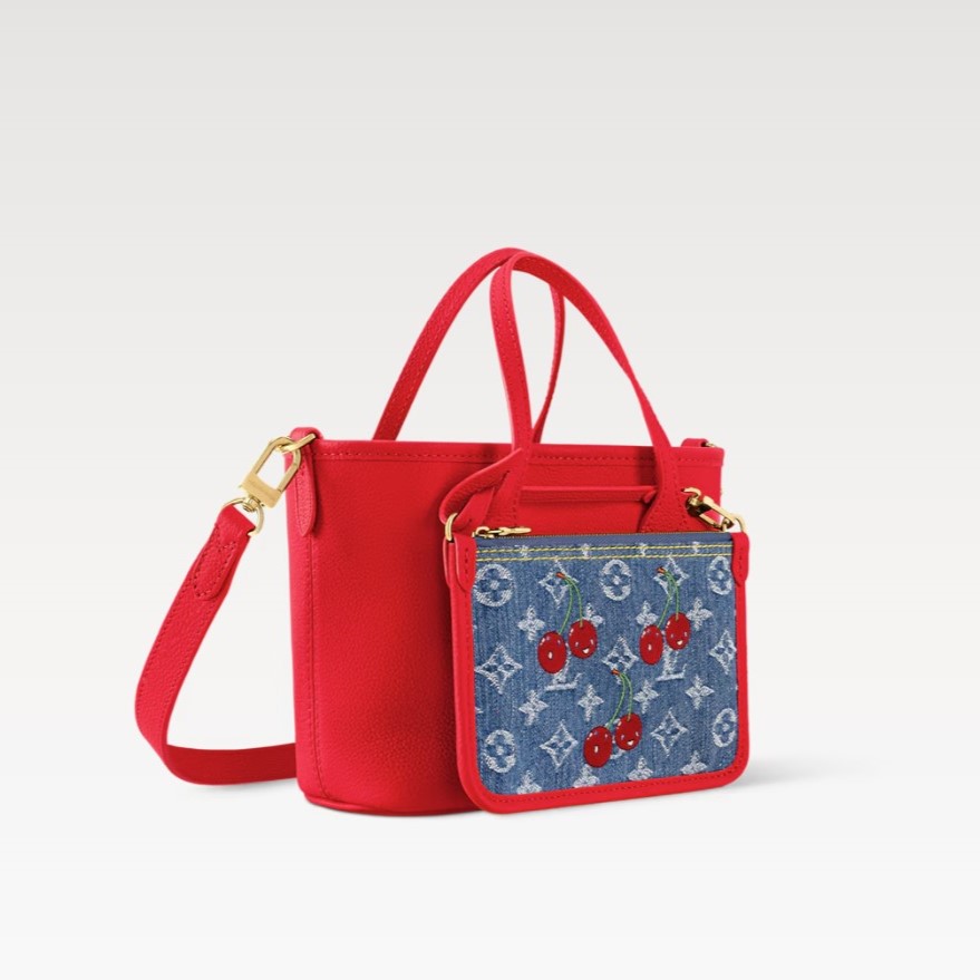 [True-to-ORIGINAL] L0vis Vvtt0n LV x TM Neverfull Inside Out BB Cherry Denim For Women 10.4in/26cm M14997
