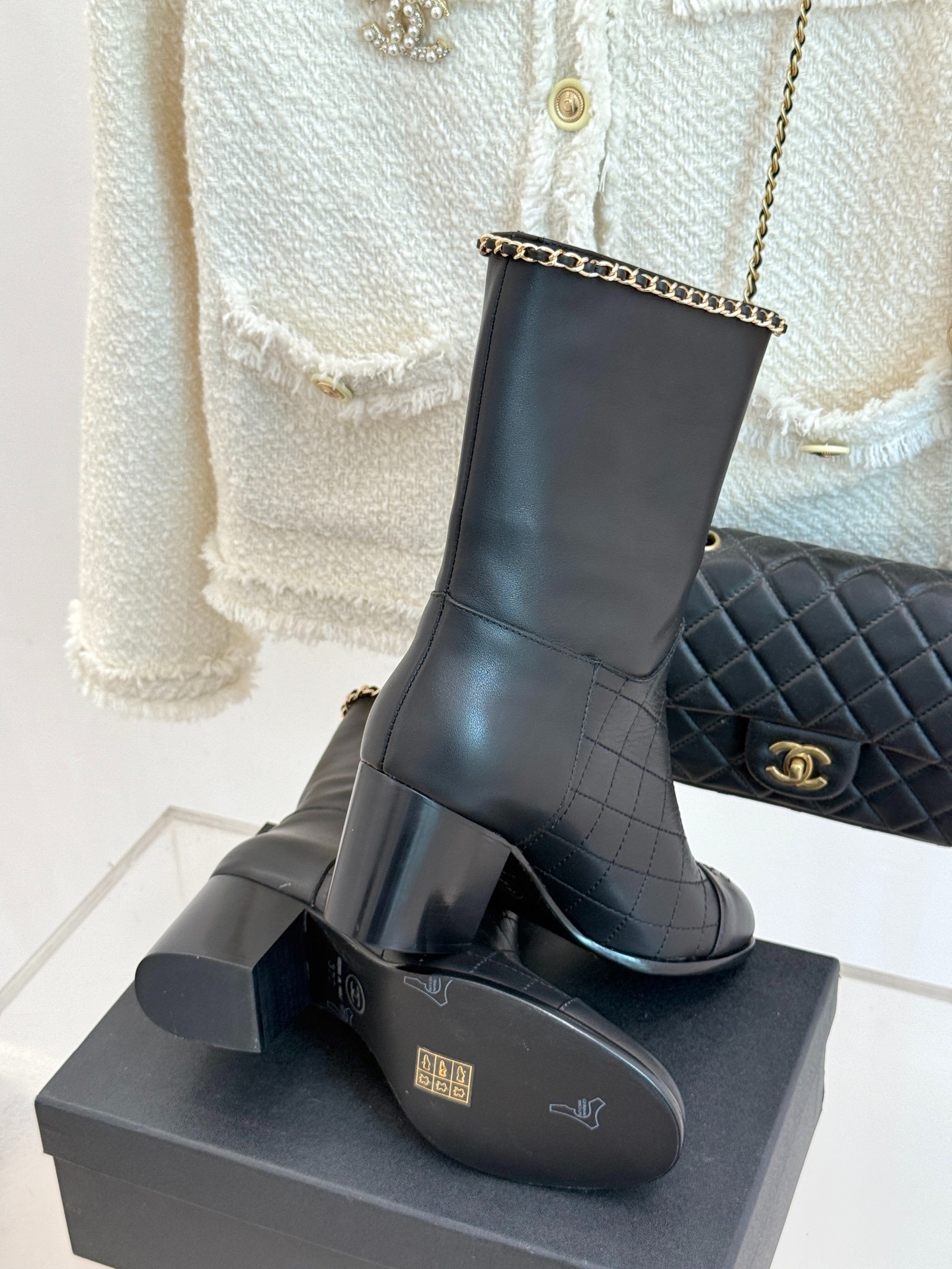 Ch**el Double C Chunky Heel Boots With Chain Detail Black For Women