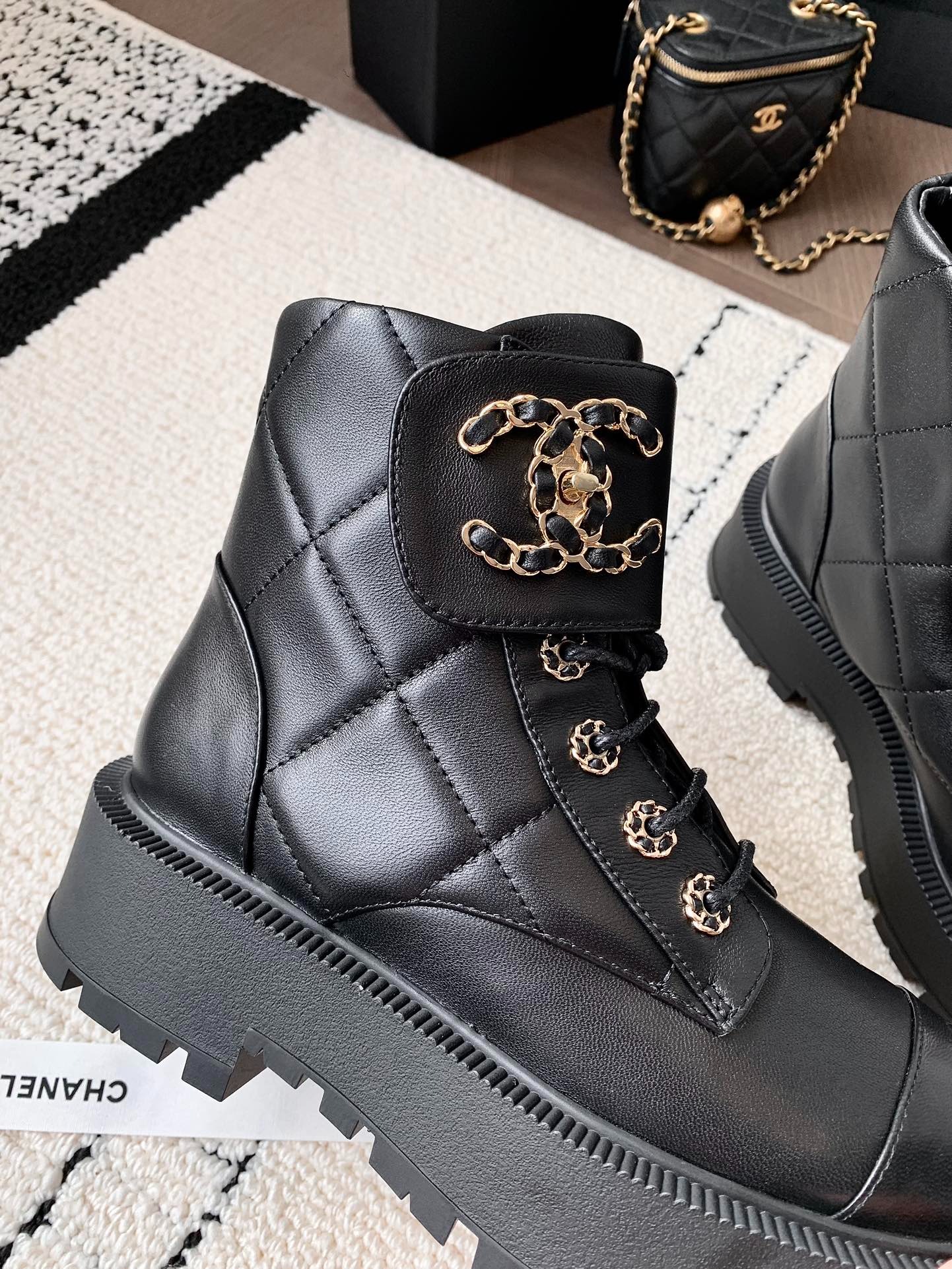Ch**el Quilted Platform Ankle Boots Black For Women
