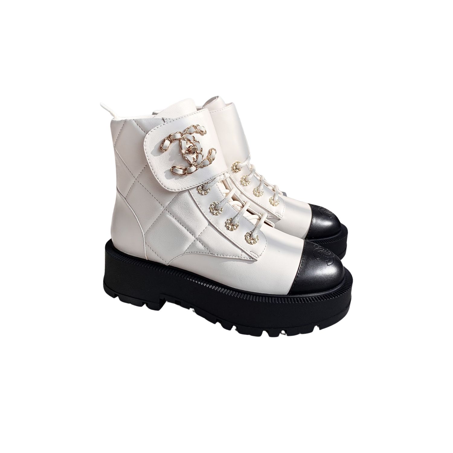 Ch**el Quilted Platform Ankle Boots White For Women