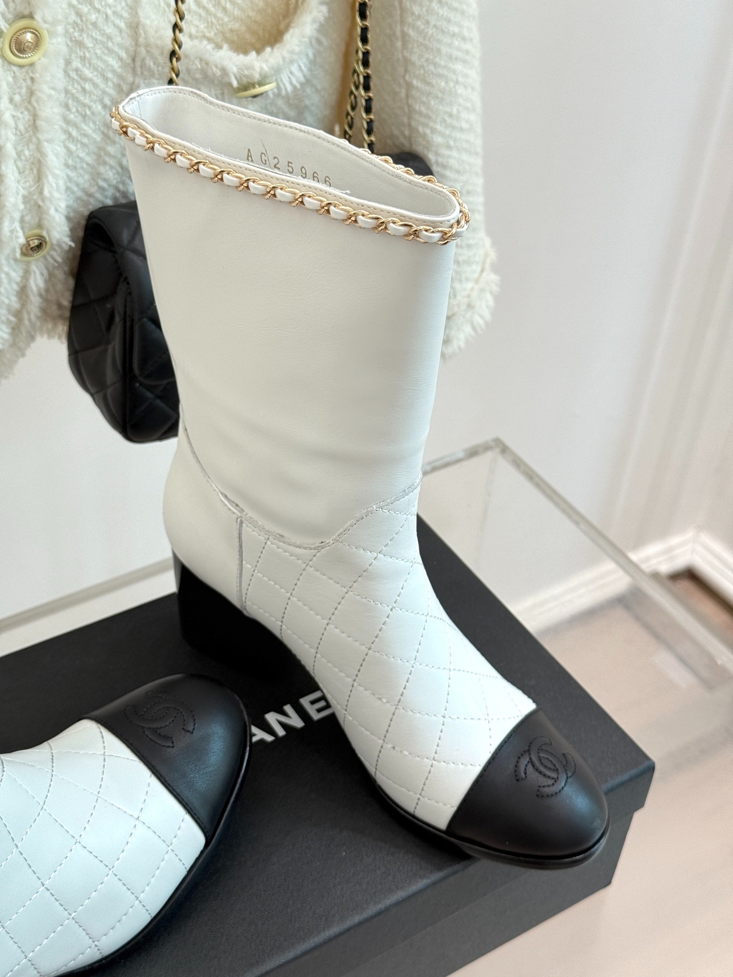 Ch**el Double C Chunky Heel Boots With Chain Detail White For Women