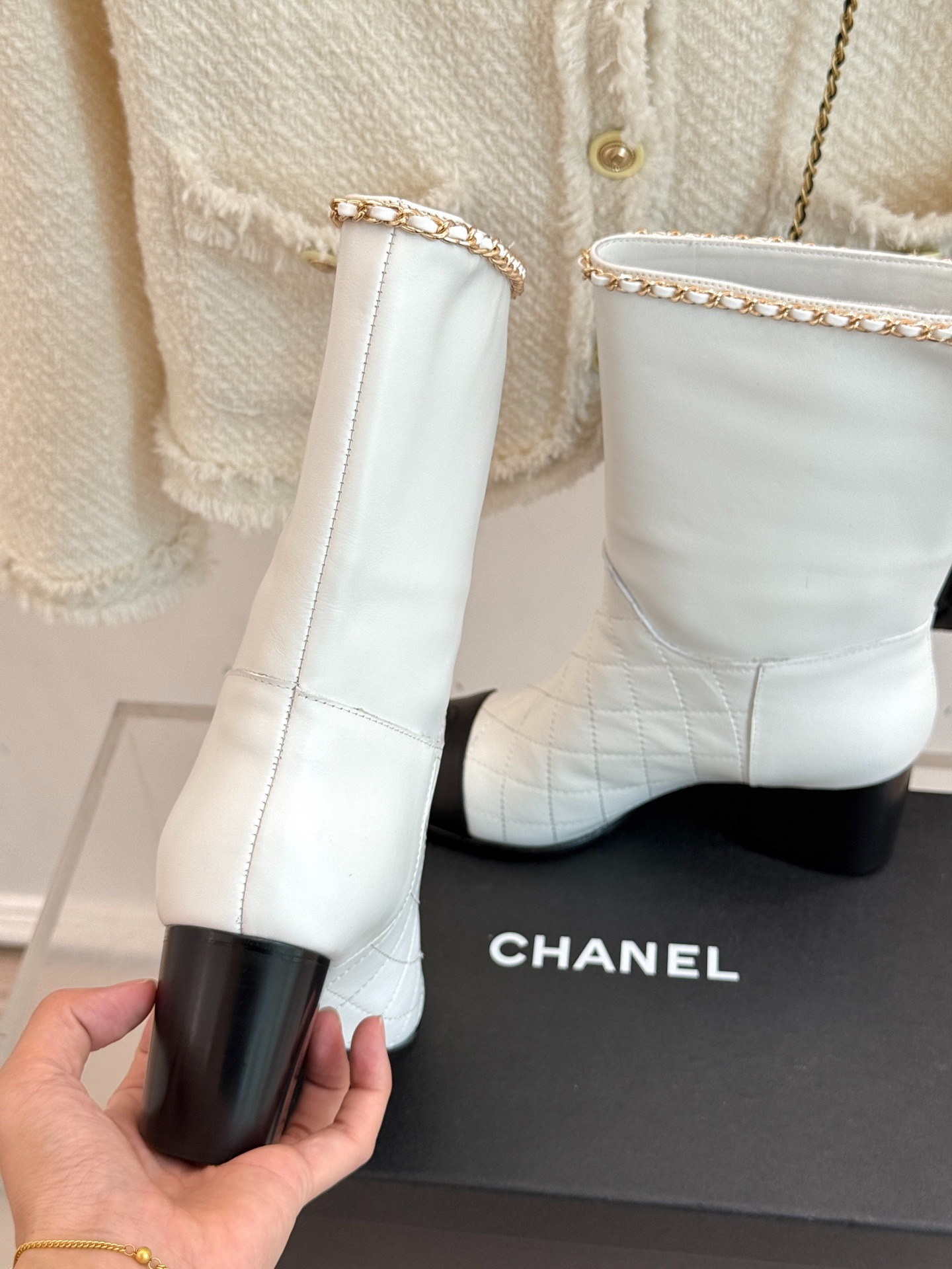 Ch**el Double C Chunky Heel Boots With Chain Detail White For Women