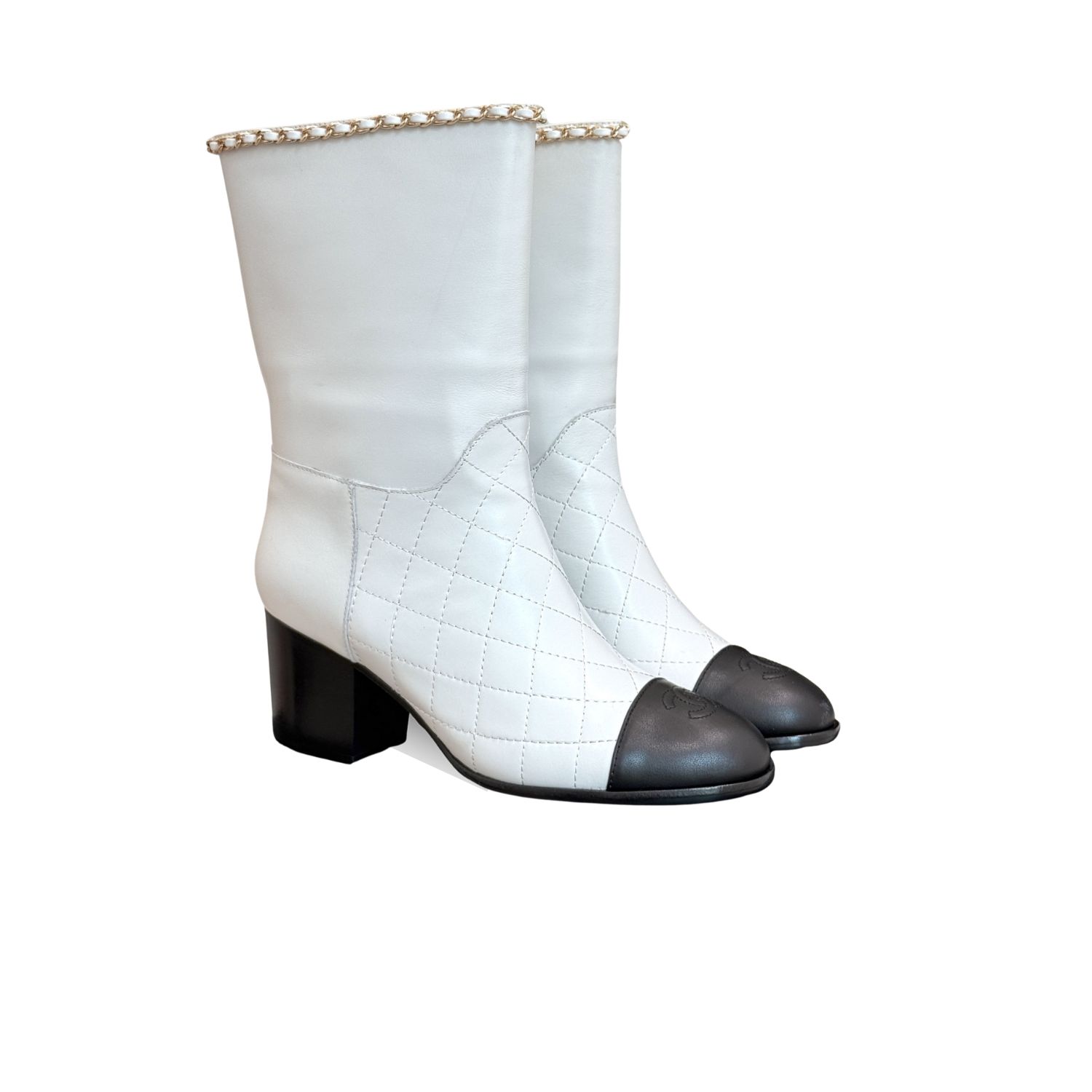 Ch**el Double C Chunky Heel Boots With Chain Detail White For Women
