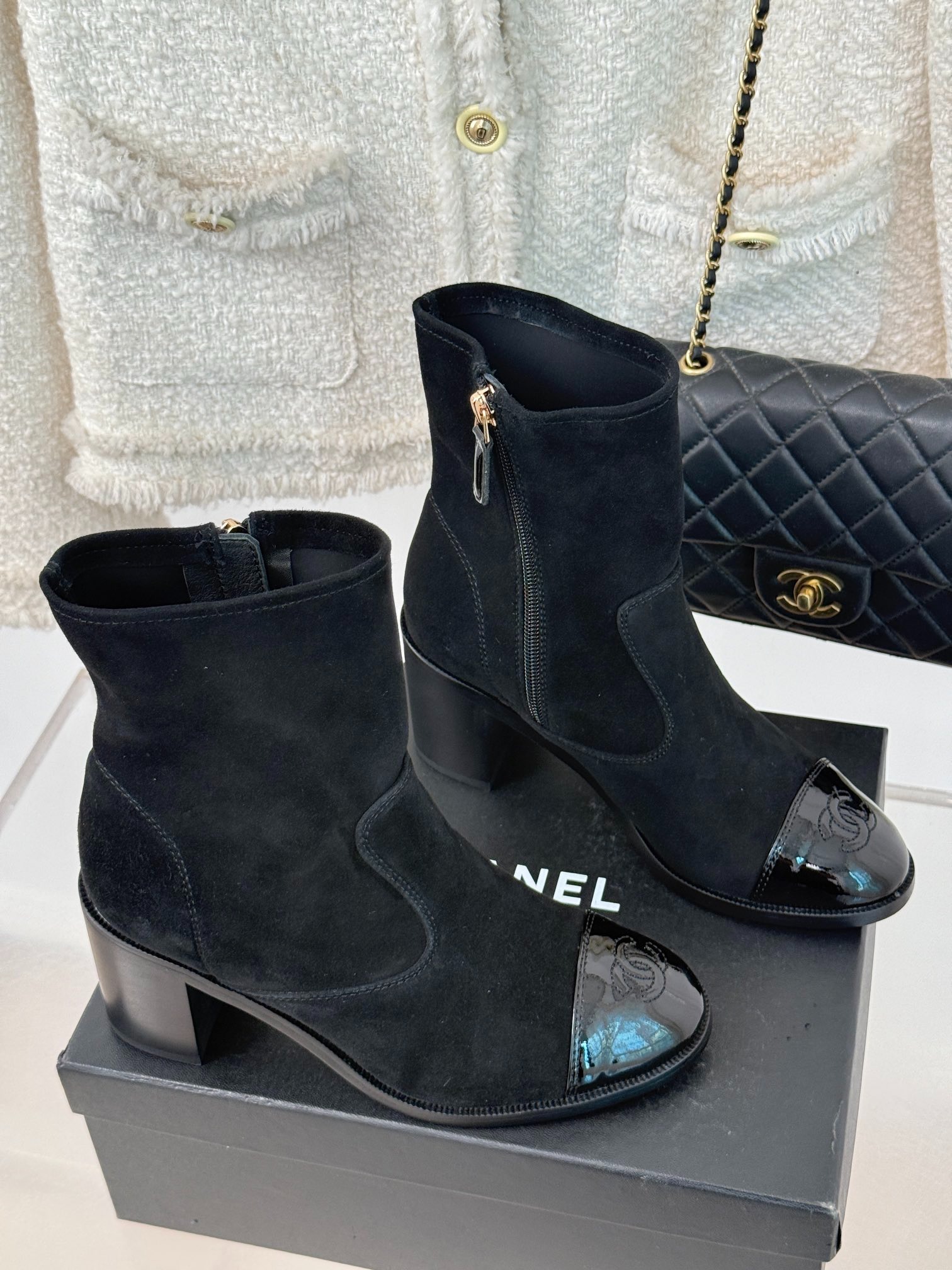 Ch**el Ankle Chunky Heel Boots Black 7cm/2.8in For Women