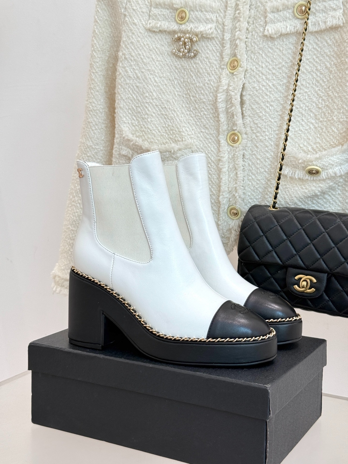 Ch**el Chelsea Chunky Heel Boots Two Tone White And Black For Women