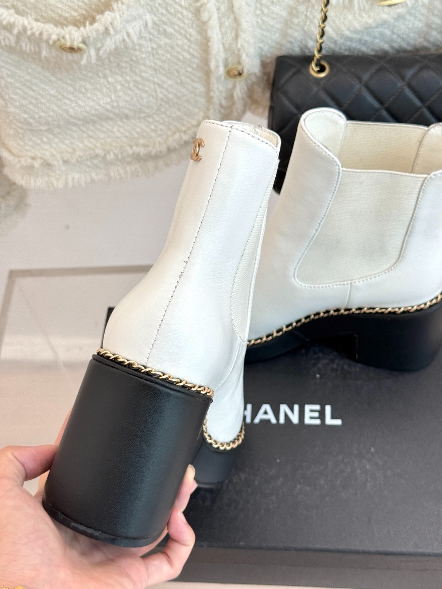 Ch**el Chelsea Chunky Heel Boots Two Tone White And Black For Women