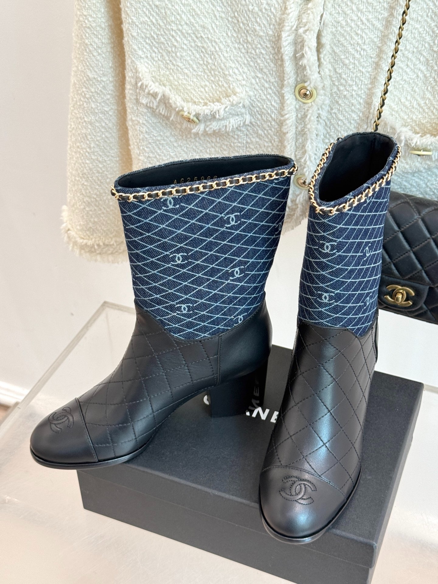 Ch**el Double C Chunky Heel Boots With Chain Detail Blue Denim For Women