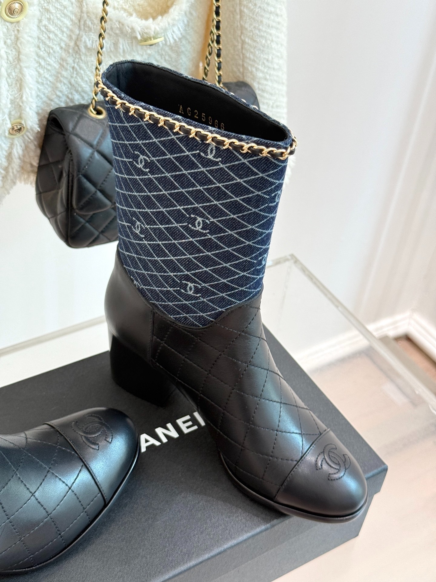 Ch**el Double C Chunky Heel Boots With Chain Detail Blue Denim For Women