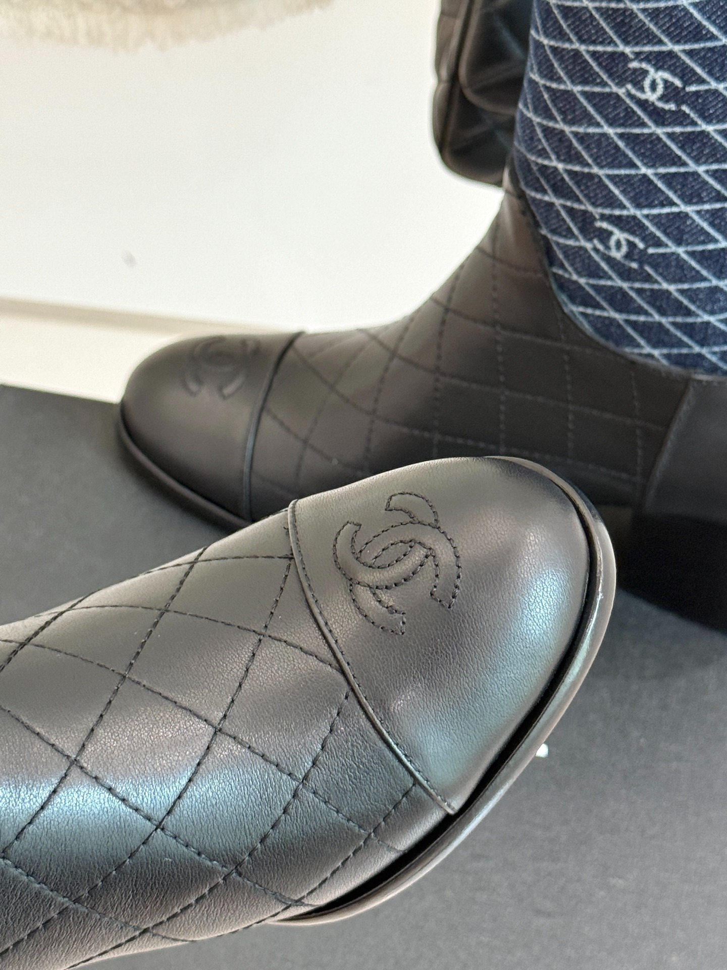 Ch**el Double C Chunky Heel Boots With Chain Detail Blue Denim For Women