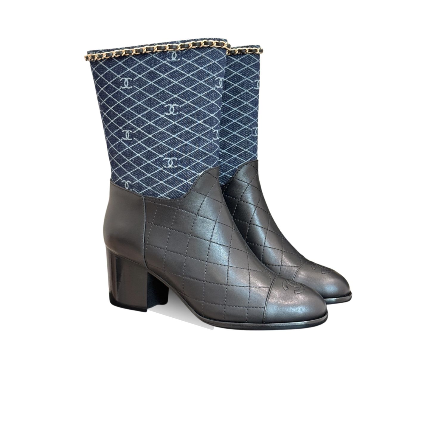 Ch**el Double C Chunky Heel Boots With Chain Detail Blue Denim For Women