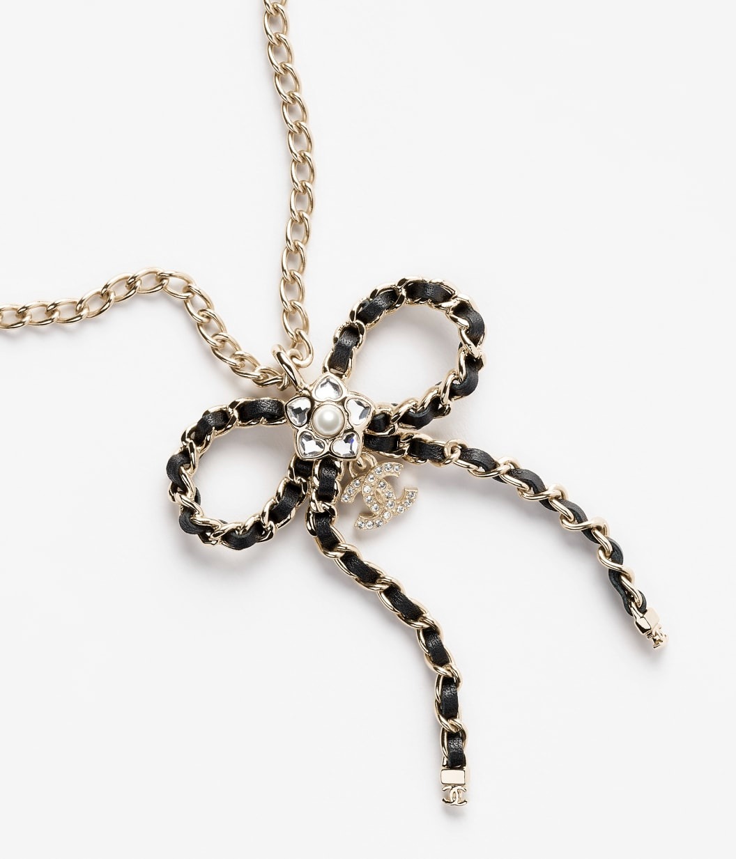 Ch**el Bow Necklace Gold Pearly White Crystal For Women – ABG343-B21853-U3436