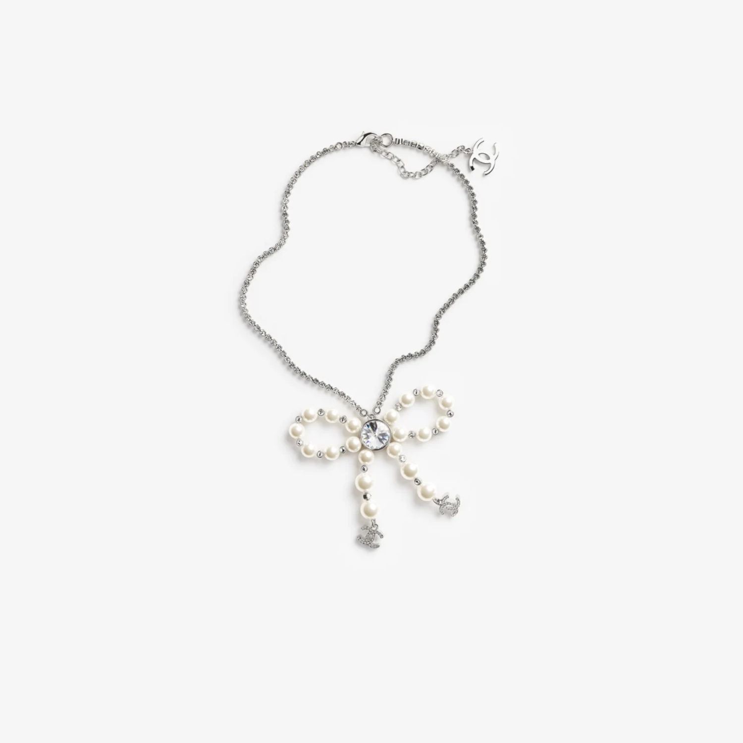 Ch**el Bow Pendant Necklace Silver Pearly White For Women – ABG210-B21707-U2865