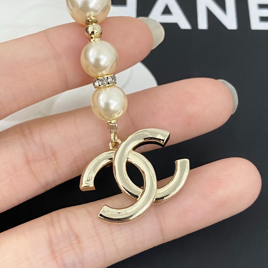 Ch**el Pearl Chain With Crystal Logo Charm Gold For Women