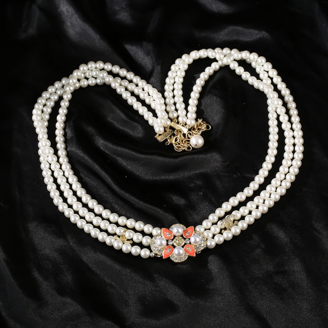 Ch**el Triple-Strand Pearl & Floral Gold-Toned For Women