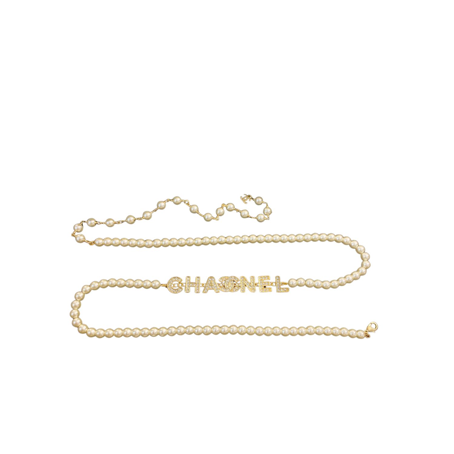 Ch**el Pearl And Crystal Logo Gold Tone For Women